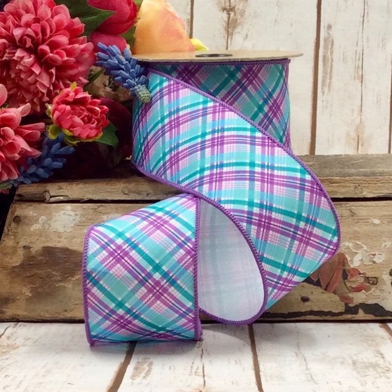 2.5” X 10YDS POPLIN SPRING PLAID DIAGONAL, PURPLE TEAL WIRED RIBBON - Burlap and Bling Decor