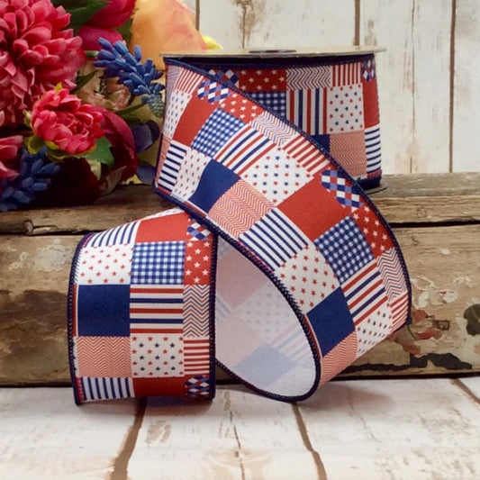 2.5“ x 10yds poplin patriotic patchwork quilt, red white blue - Burlap and Bling Decor