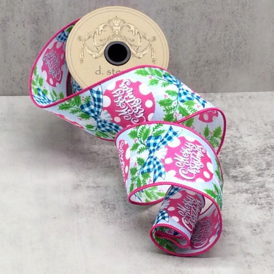 2.5“ x 10yds linen merry christmas polka dot ornament, pink blue - Burlap and Bling Decor