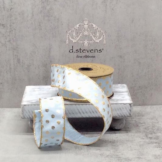 1.5“ X 10YDS FAUX DUPION GOLD METALLIC POLKA DOT, LIGHT BLUE WIRED RIBBON - Burlap and Bling Decor