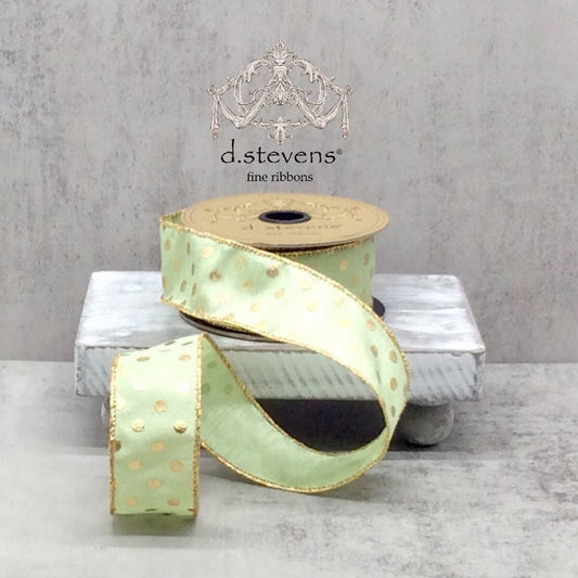 1.5” X 10YDS FAUX DUPION GOLD METALLIC POLKA DOT, SEA GRASS GREEN WIRED RIBBON - Burlap and Bling Decor