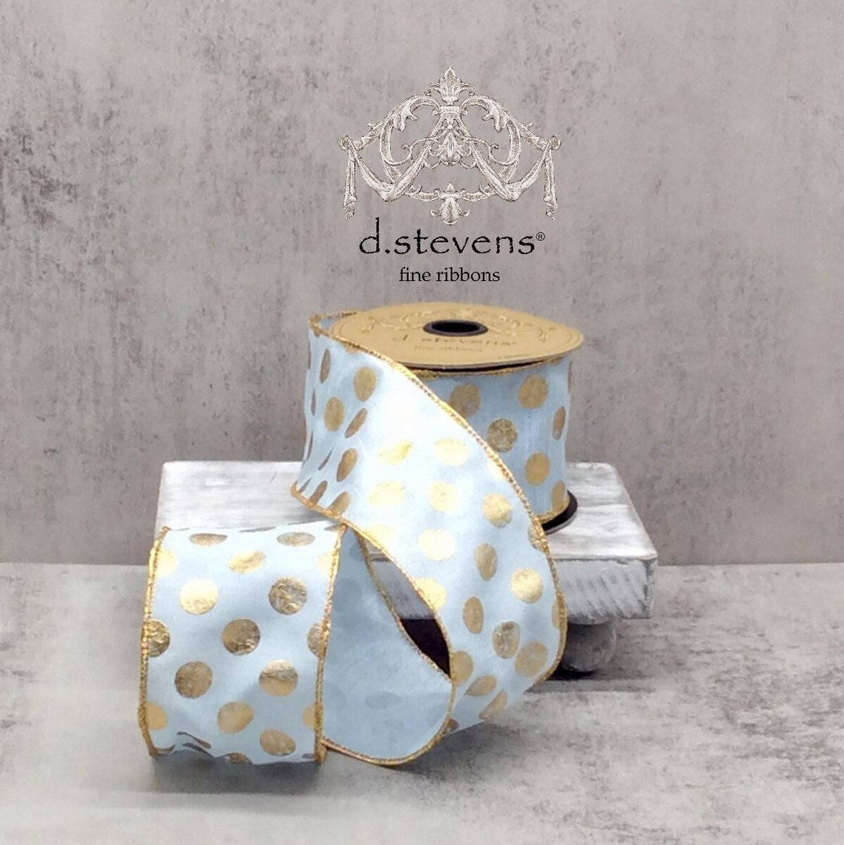 2.5“ X 10YDS FAUX DUPION GOLD METALLIC POLKA DOT, LIGHT BLUE WIRED RIBBON - Burlap and Bling Decor