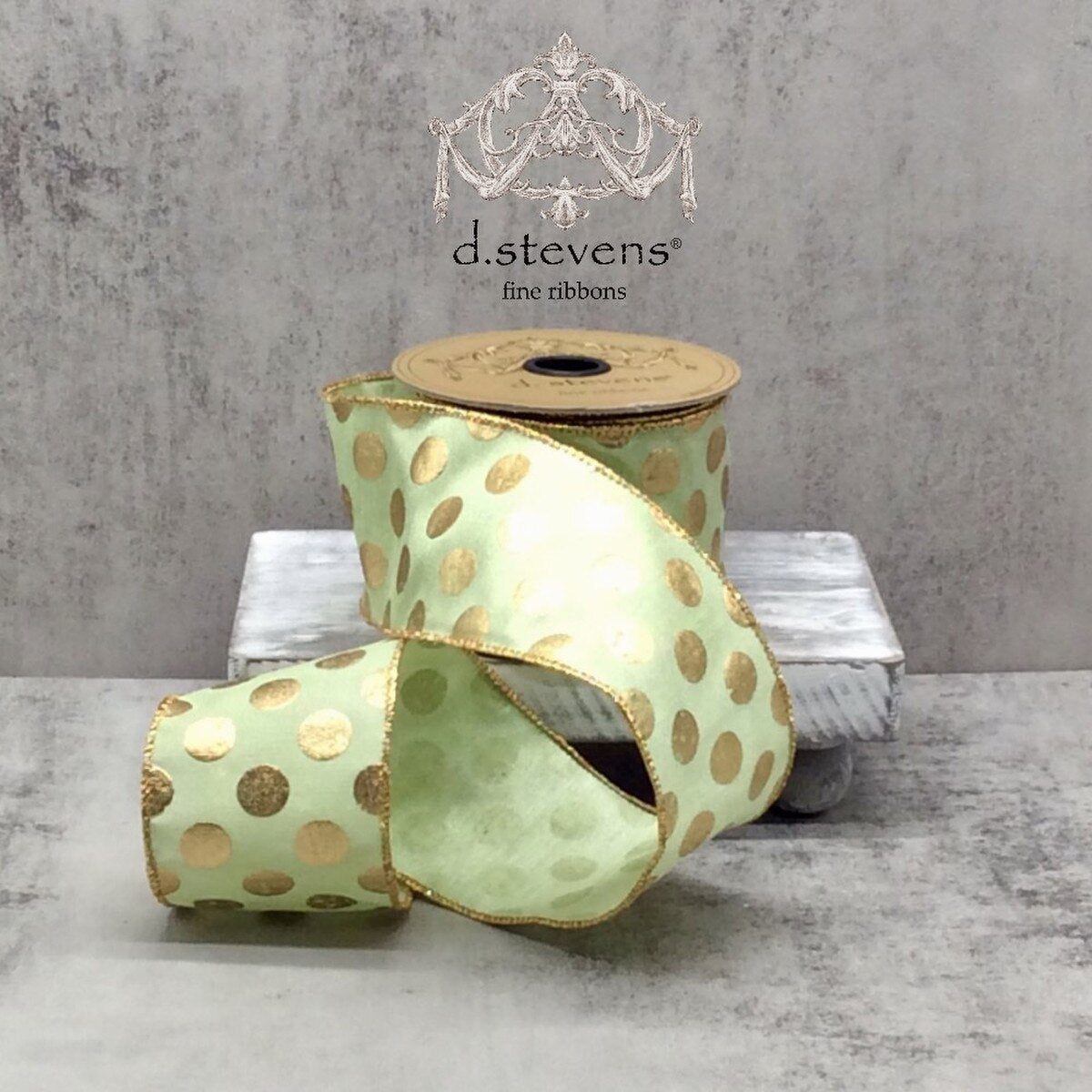 2.5” X 10YDS FAUX DUPION GOLD METALLIC POLKA DOT, SEA GRASS GREEN WIRED RIBBON - Burlap and Bling Decor