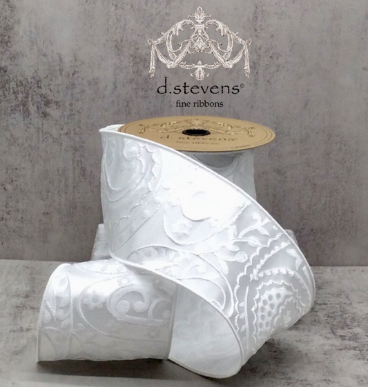4" x 10yds satin brocade floral, white - Burlap and Bling Decor