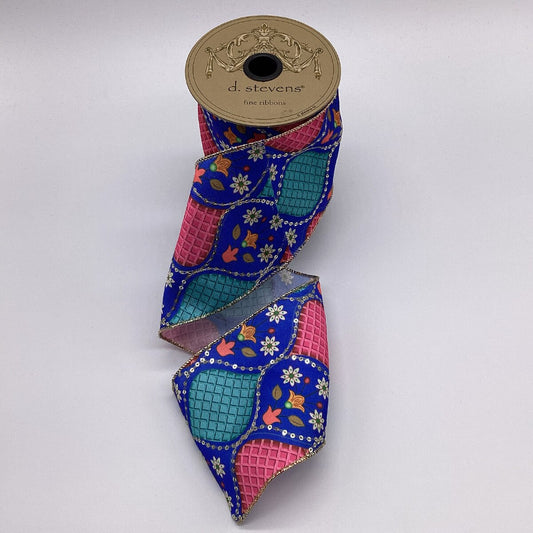 4” X 10YDS ORNAMENTAL GARDEN, BLUE WIRED RIBBON - Burlap and Bling Decor