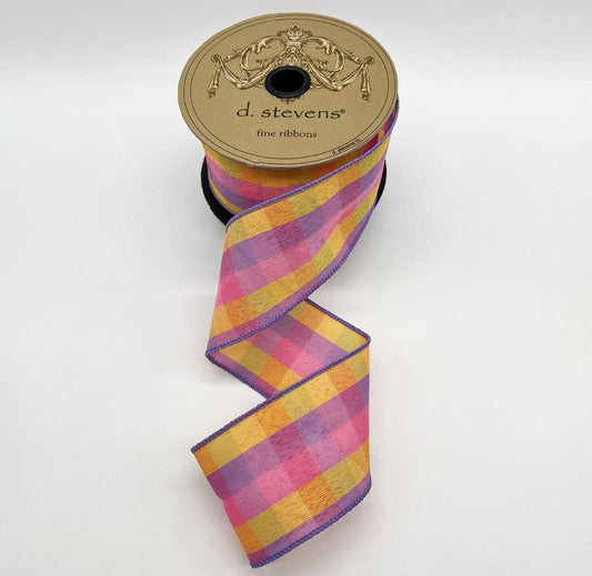 2.5“ X 10YDS POPLIN SPRINGTIME CHECKS, PINK PURPLE GOLDEN YELLOW WIRED RIBBON - Burlap and Bling Decor