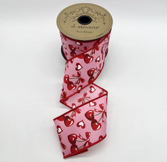 2.5“ X 10YDS POPLIN HEART SHAPE CHERRIES GLITTER BOW, PINK RED WIRED RIBBON - Burlap and Bling Decor