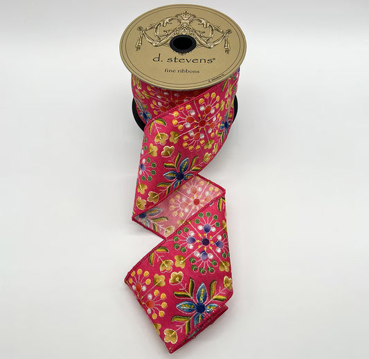 3“ X 10YDS POPLIN GEO FLORAL EMBROIDERY SEQUIN, HOT PINK WIRED RIBBON - Burlap and Bling Decor