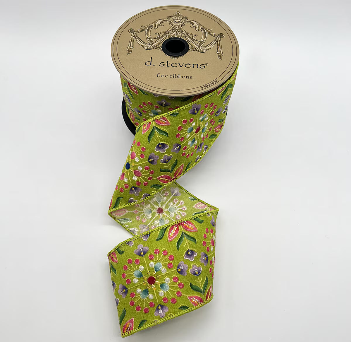 3” X 10YDS POPLIN GEO FLORAL EMBROIDERY SEQUIN, BASIL GREEN WIRED RIBBON - Burlap and Bling Decor