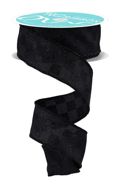 1.5"X10YD PRINT GLITTER CHECK BLACK WIRED RIBBON - Burlap and Bling Decor
