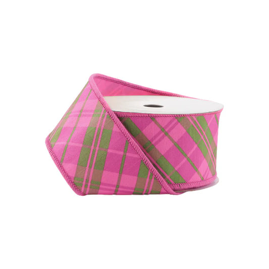 2 1/2"X 10 Wired Dupioni Ribbon | Bias Plaid Pink/Multi w/ Taffeta