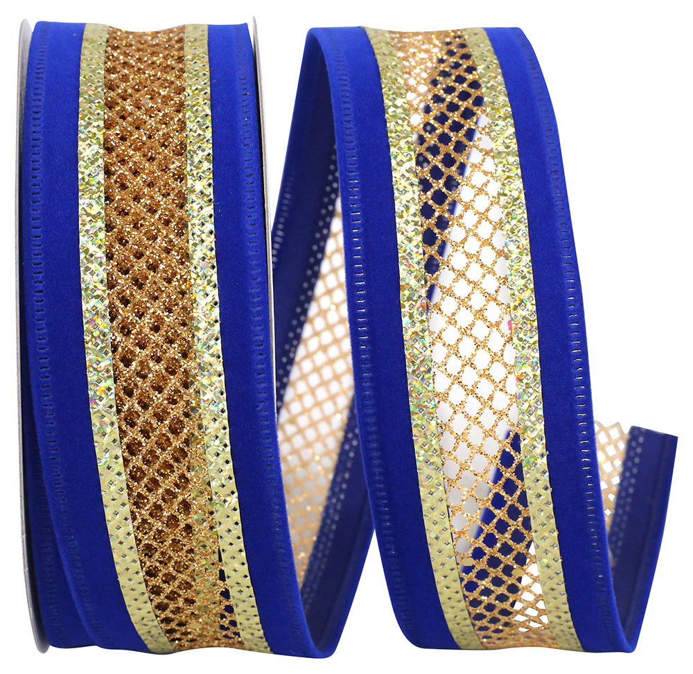 VELVET MESH MIDDLE WIRED EDGE -ROYAL/GOLD -1.5"- x 10 yards - Burlap and Bling Decor