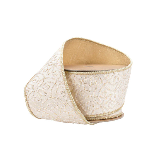 2 1/2" Wired Jacquard Ribbon | Ivory/Gold w/ Gold Dupioni-fused Backing | 10 Yard Roll - Burlap and Bling Decor
