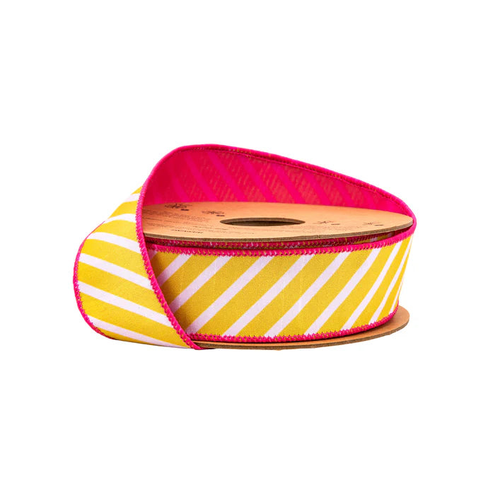 1 1/2" X 10 YDS Dupioni Yellow/White Diagonal Stripe w/ Pink Backing Wired Ribbon - Burlap and Bling Decor