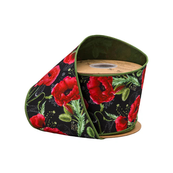 4" X 10YDS DUPIONI/POPPIES ON BLACK W/GREEN BACK WIRED RIBBON WIRED RIBBON - Burlap and Bling Decor