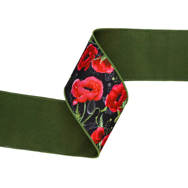 4" X 10YDS DUPIONI/POPPIES ON BLACK W/GREEN BACK WIRED RIBBON WIRED RIBBON - Burlap and Bling Decor