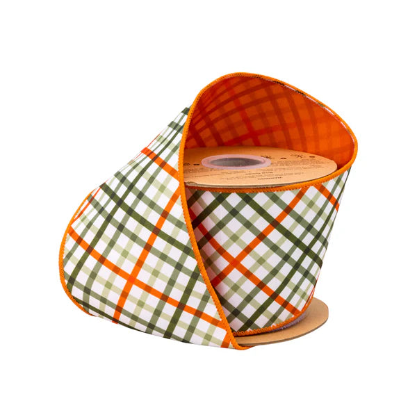 4" X 10YDS DUPIONI/GARDEN BIAS PLAID W/ORANGE BACK WIRED RIBBON WIRED RIBBON - Burlap and Bling Decor