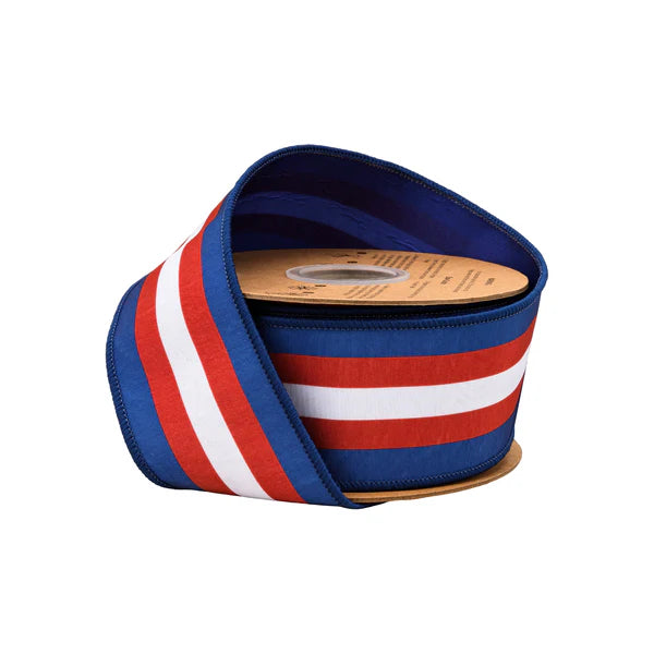 2.5"X 10YDS DUPIONI/RED/WHITE/BLUE CENTER STRIPE W/BLUE BACK WIRED RIBBON WIRED RIBBON - Burlap and Bling Decor