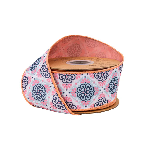 2.5" X 10YDS DUPIONI/BLACK MEDALLION ON PINK W/PINK BACK WIRED RIBBON WIRED RIBBO - Burlap and Bling Decor