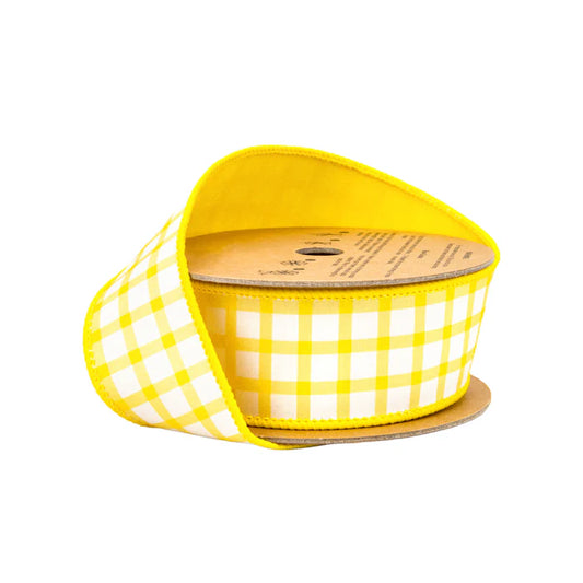 1-1/2" X 10YDS DUPIONI YELLOW/WHITE CHECK W/YELLOW BACK WIRED RIBBON WIRED RIBBON - Burlap and Bling Decor