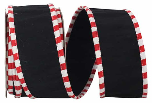 Dupioni Deluxe Folded Candy Cane Ticking Wired Edge, Black, 2-1/2 Inch, 10 Yards