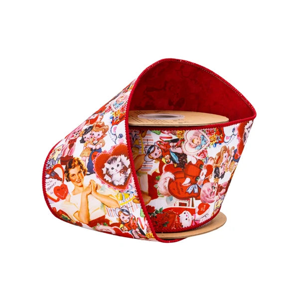 4"x 10 yrds Dupioni Vintage Valentine w/ Red Backing Wired Ribbon