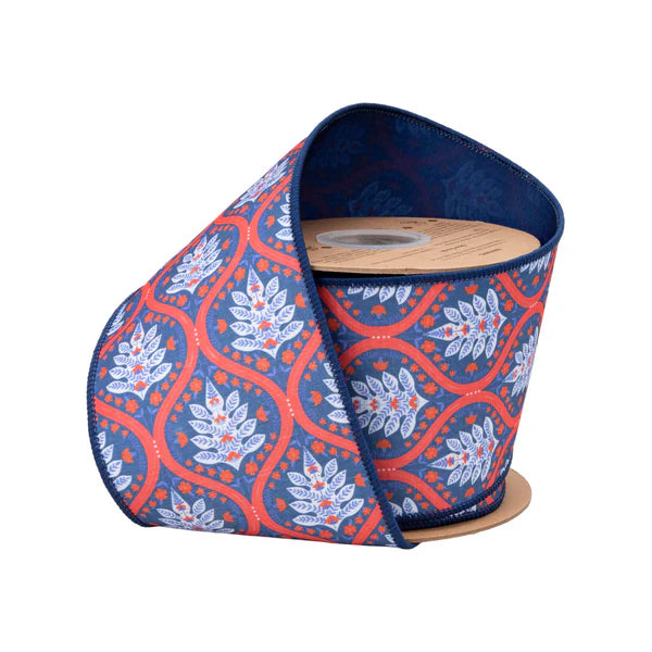 4" X 10YDS DUPIONI/RED/WHITE/BLUE FLAME W/BLUE BACK WIRED RIBBON WIRED RIBBON - Burlap and Bling Decor
