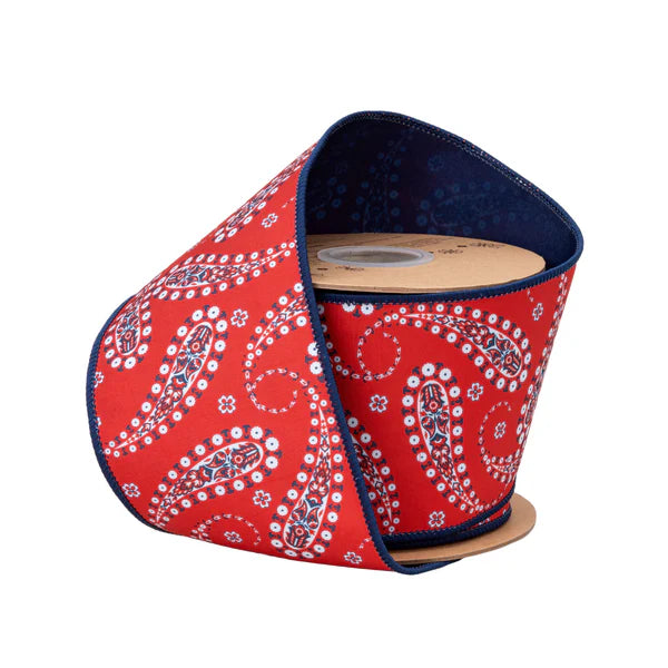 4" X 10YDS DUPIONI/BLACK/WHITE PAISLEY ON RED W/BLUE BACK WIRED RIBBON WIRED RIBBON - Burlap and Bling Decor