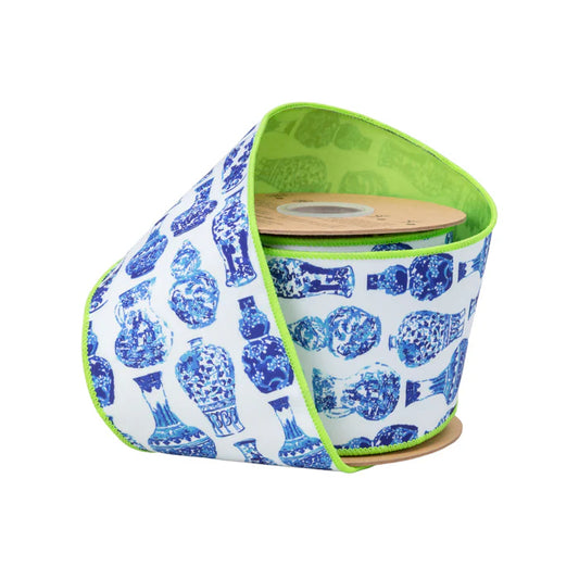 4" X 10YDS DUPIONI/ BLUE/WHITE CHINA POTS W/LIME GREEN BACK WIRED RIBBON WIRED RIBBON - Burlap and Bling Decor