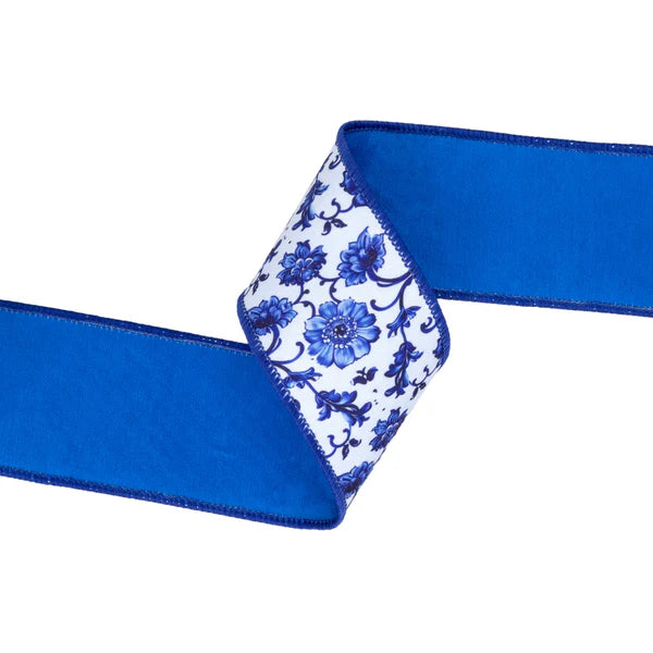 2.5"X 10YDS DUPIONI/BLUE AND CHINA FLORAL W/BLUE BACK WIRED RIBBON WIRED RIBBON - Burlap and Bling Decor