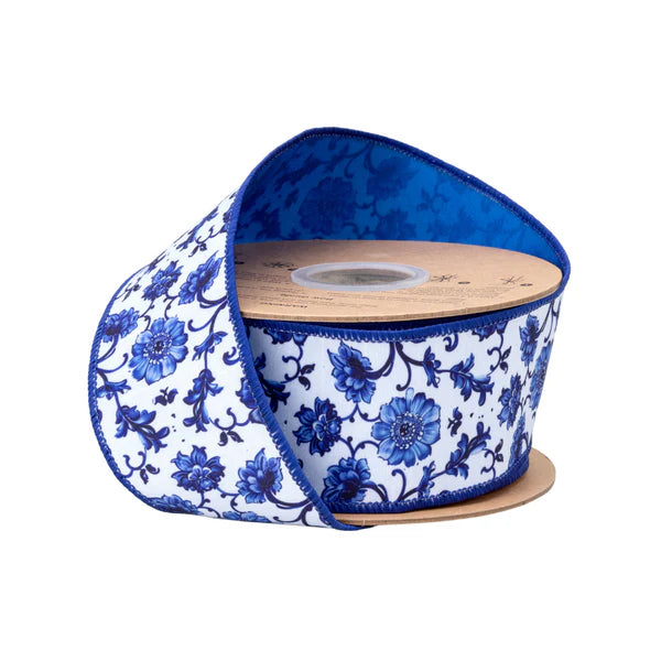 2.5"X 10YDS DUPIONI/BLUE AND CHINA FLORAL W/BLUE BACK WIRED RIBBON WIRED RIBBON - Burlap and Bling Decor