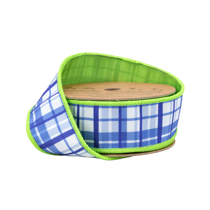1-1/2" X 10YDS DUPIONI/BLUE/WHITE PLAID W/LIME GREEN BACK WIRED RIBBON WIRED RIBBON - Burlap and Bling Decor