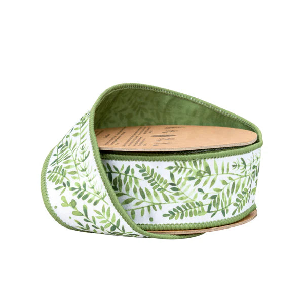 1.5" X 10YDS DUPIONI/FERNS ON WHITE W/GREEN BACK WIRED RIBBON WIRED RIBBON - Burlap and Bling Decor