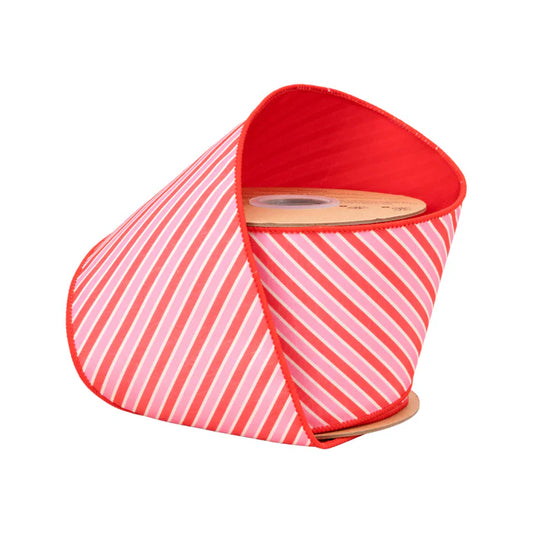 4" X 10YD Wired Dupioni Ribbon | Red/White Varied Diagonal Stripe - Burlap and Bling Decor