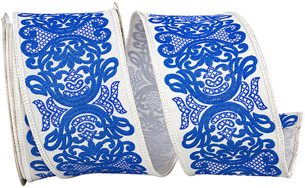 REGAL FILIGREE CHINOISERIE PRINTED DUPIONI WHITE/BLUE 2.5" x10yards - Burlap and Bling Decor