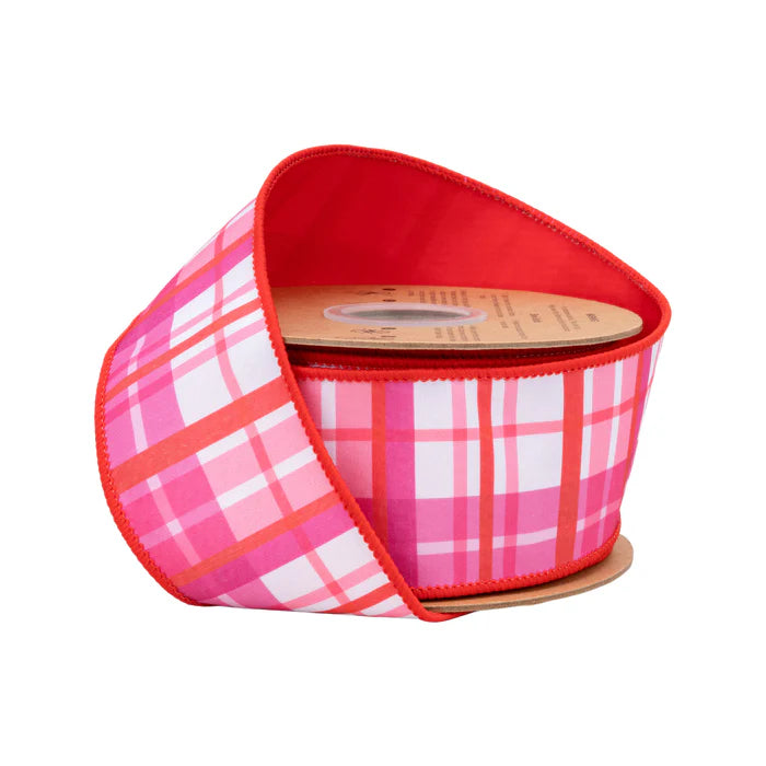 2 1/2" X 10 YD Wired Dupioni Ribbon | Red and Pink Plaid w/ Red Backing - Burlap and Bling Decor