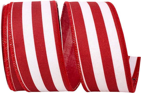 2.5" X10 Yards Horizontal Striped Canvas Deluxe Wired Edge Ribbon,Red/White - Burlap and Bling Decor