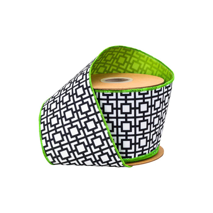 4" X 10YDS DUPIONI/BLACK/WHITE BREEZE BLOCK W/LIME GREEN BACK WIRED RIBBON WIRED RIBBON - Burlap and Bling Decor