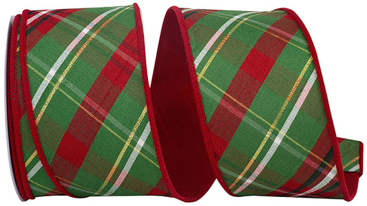 2.5 x 10 yards PLAID DUPIONI VERDE DIAGONAL RED BACKED WIRED EDGE - Burlap and Bling Decor