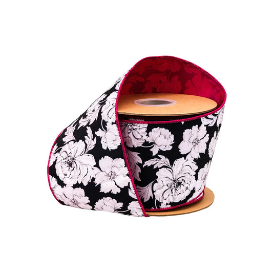 4" X 10YDS DUPIONI/BLACK/WHITE FLORAL ON PINK W/PINK BACK WIRED RIBBON WIRED RIBBON - Burlap and Bling Decor