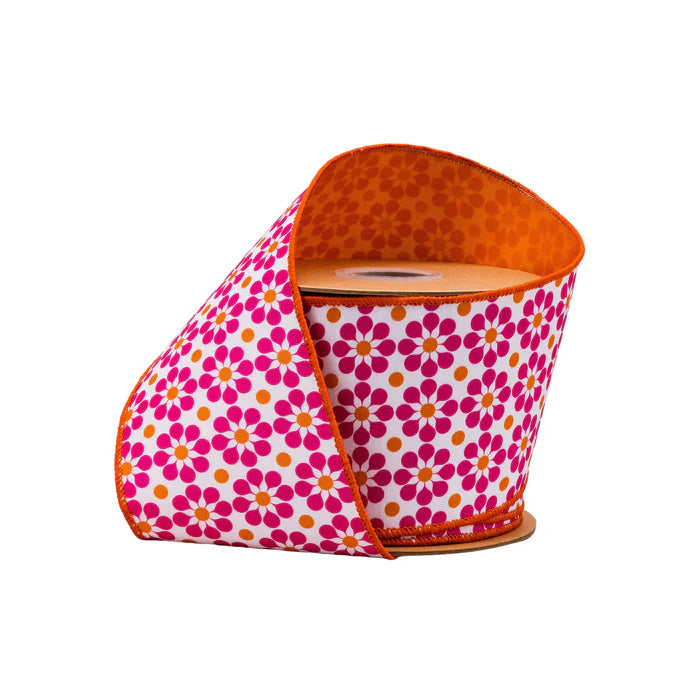 4" X 10 YD Wired Dupioni Ribbon | Pink/Orange Geometric Floral w/ Orange Backing - Burlap and Bling Decor