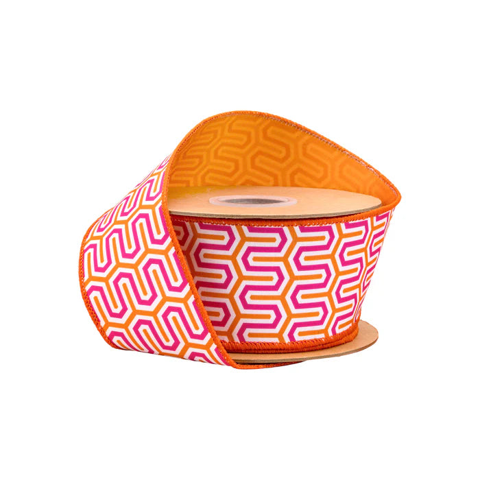 2 1/2" X 10 YD Wired Dupioni Ribbon| Pink/Orange/White Geometric w/ Orange Backing - Burlap and Bling Decor