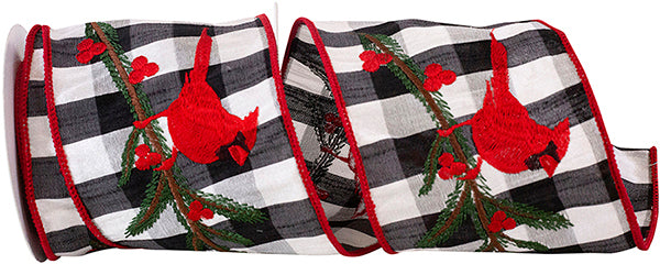 4" X 5 Yrds CARDINAL HOLLY EMBROIDERED CHECK DUPIONI WIRED RIBBON