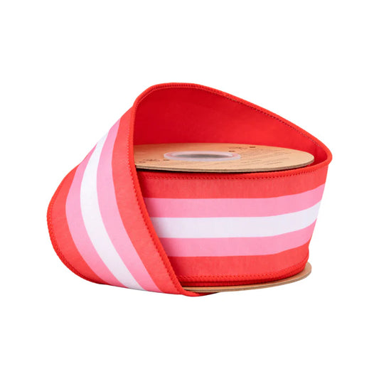2 1/2" X 10 YD Wired Dupioni Ribbon | Red and Pink Stripe w/ Red Backing - Burlap and Bling Decor