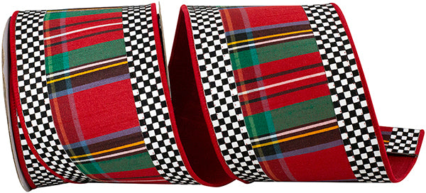 4 X 5 YRDS PLAID TICKING TRADITIONAL SCARLET WIRED RIBBON