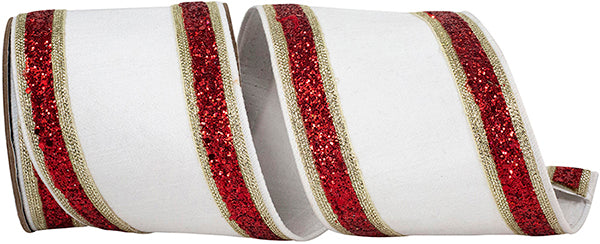 4" X 5YDS DUPIONI REGALIA GLITTER EDGE DELUXE BACKED , WHITE/RED WIRED RIBBON - Burlap and Bling Decor
