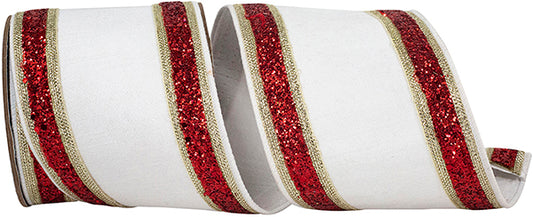 4" X 5YDS DUPIONI REGALIA GLITTER EDGE DELUXE BACKED , WHITE/RED WIRED RIBBON - Burlap and Bling Decor