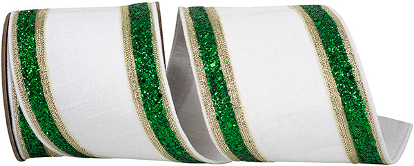 4" X 5YDS DUPIONI REGALIA GLITTER EDGE DELUXE BACKED , WHITE/GREEN WIRED RIBBON - Burlap and Bling Decor