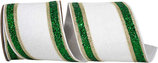 4" X 5YDS DUPIONI REGALIA GLITTER EDGE DELUXE BACKED , WHITE/GREEN WIRED RIBBON - Burlap and Bling Decor