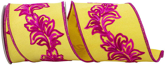 4" x 5 yds FILIGREE EMBROIDERY LEAF VINE DUPIONI DELUXE YELLOW/FUCHSIA